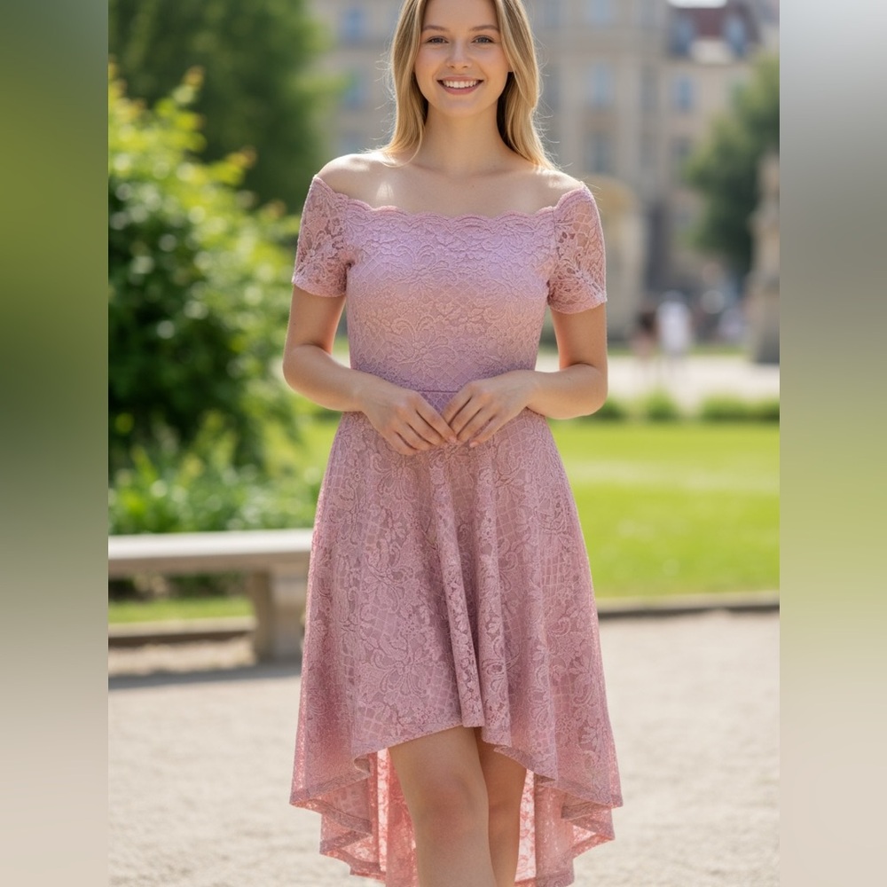 City Studio Mauve Pink Glitter Off the shoulder Lace Hi-Low Party Dress …